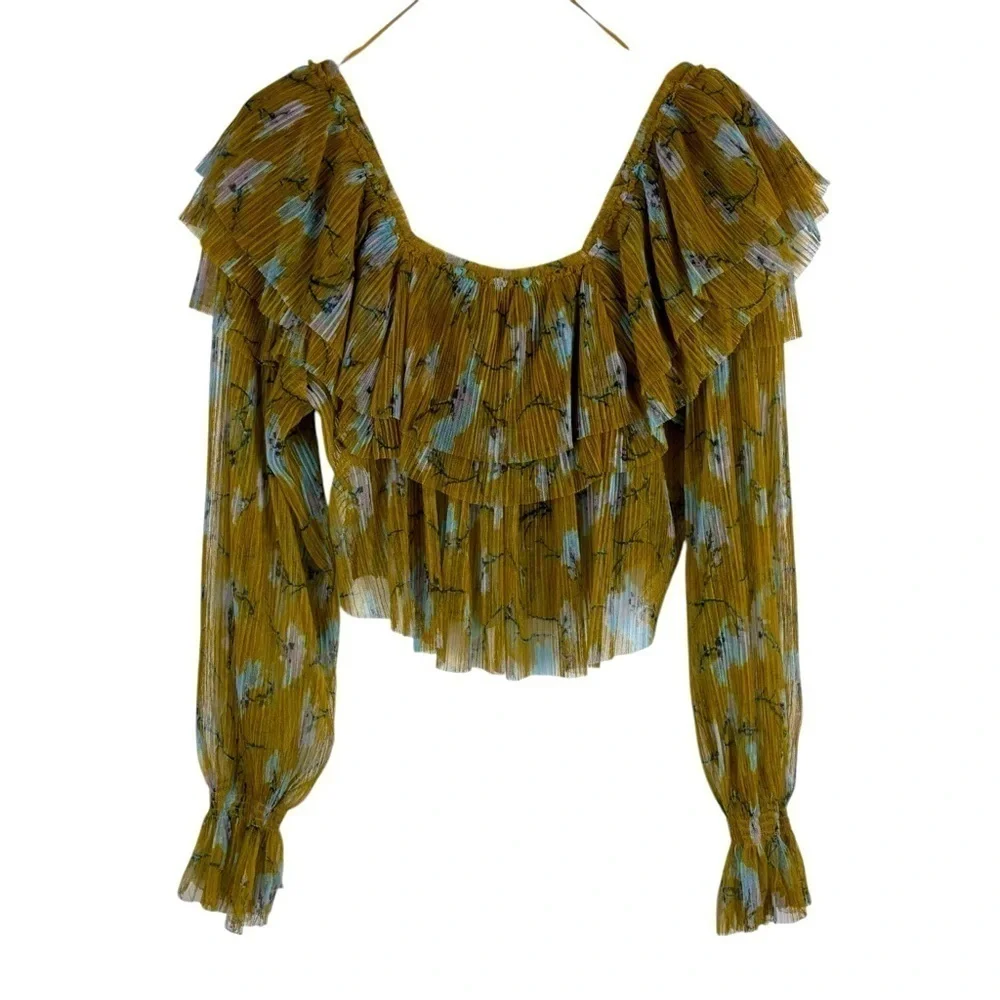 FREE PEOPLE FRILLS AND THRILLS RUFFLED TIERED SHEER FLORAL LONG SLEEVE CROP TOP
